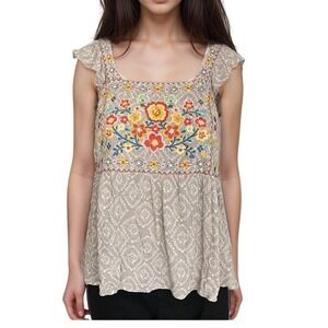 2/$30 Savanna Jane Anthropologie Blouse Sz M Gray Embroidered‎ Sleeveless Boho